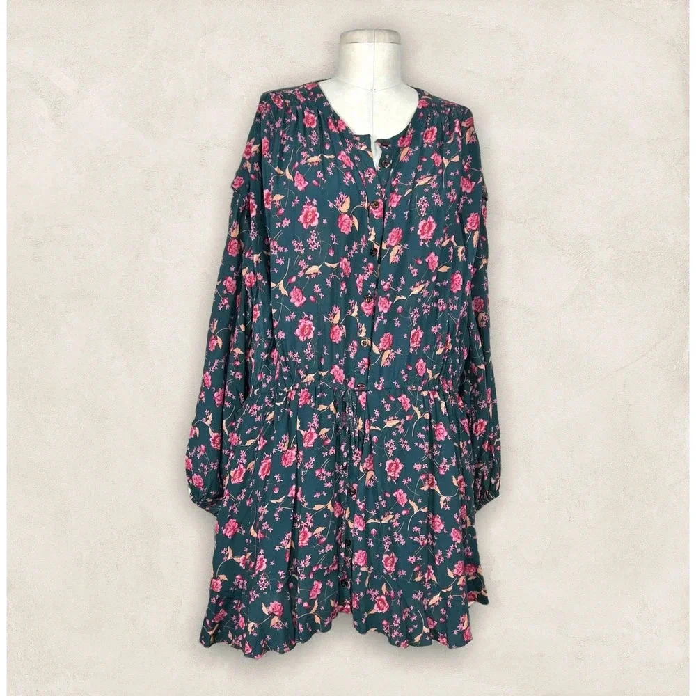 Free People Flower Fields Mini Dress Green Pink Floral Print Size‎ Medium